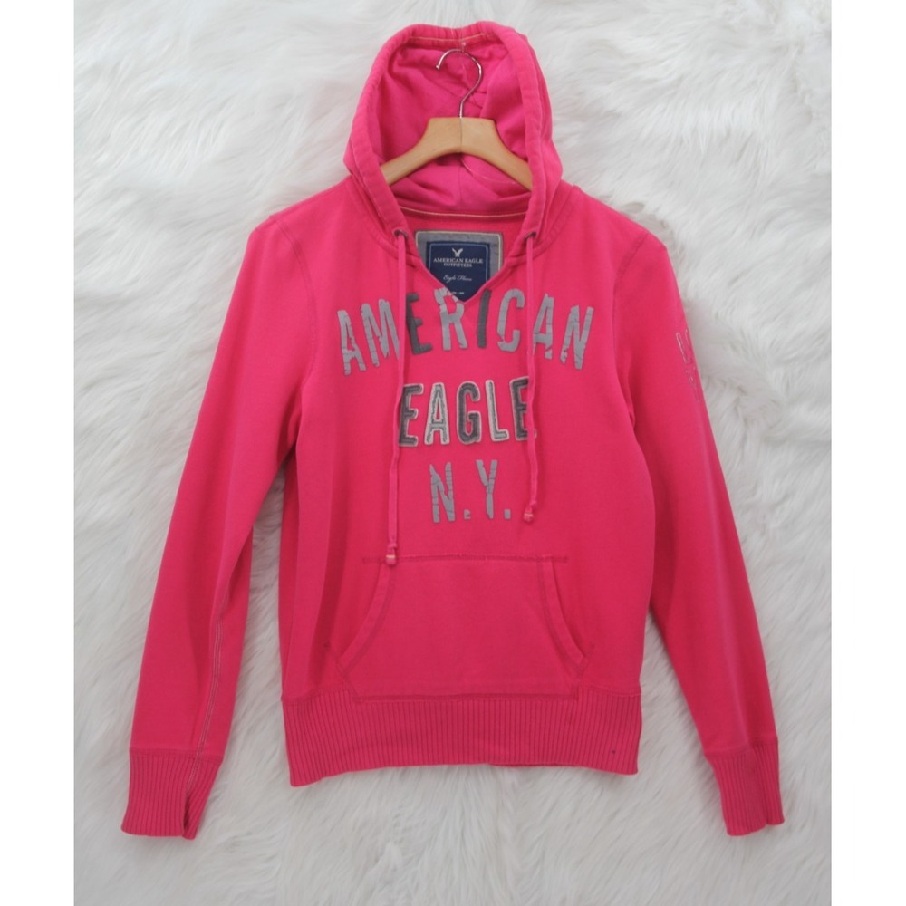 Vintage American Eagle Women's M Pink Pullover Hoodie Sweatshirt Spelk Out Y2K